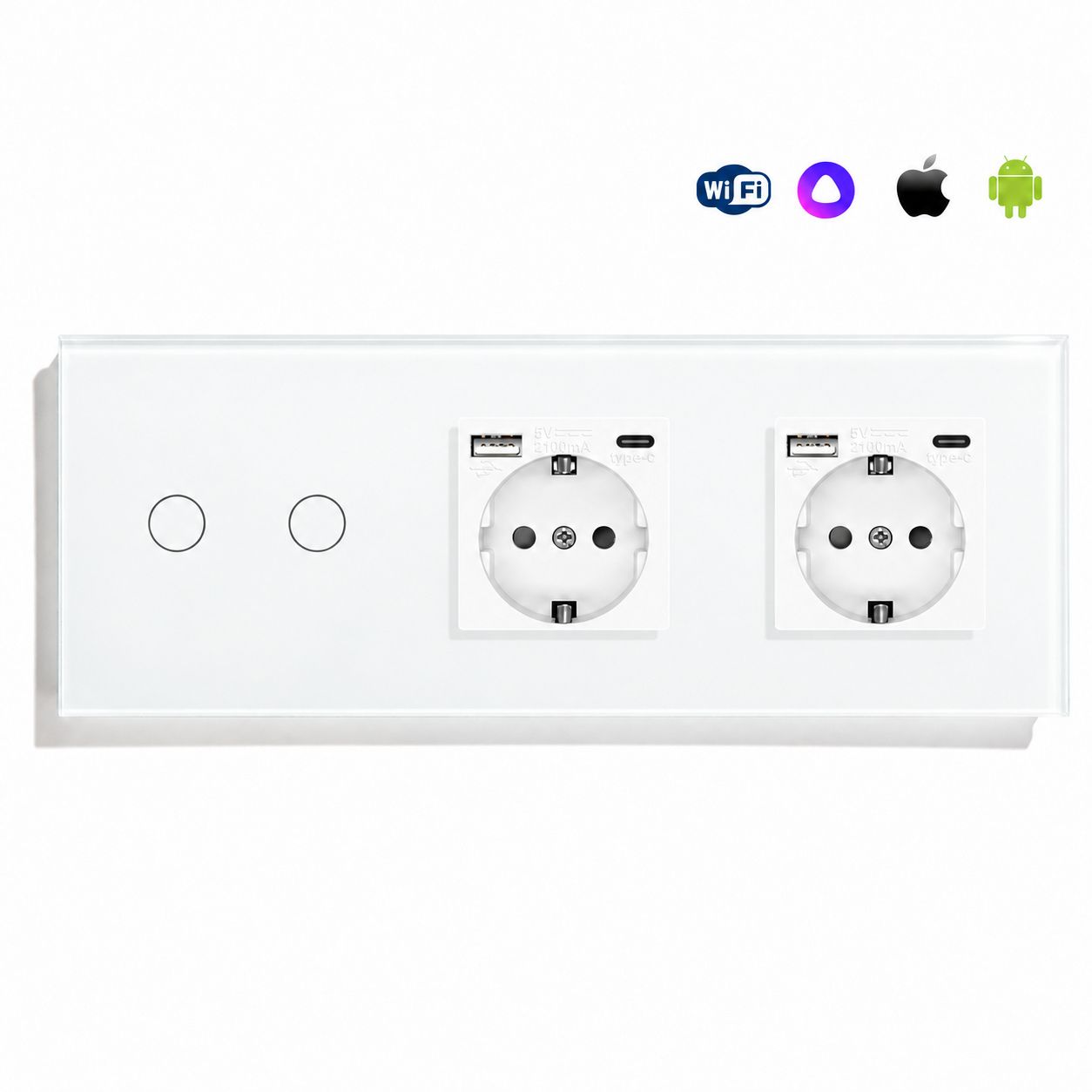 Купить Сенсорный выключатель WiFi с нулем 2кл. 2розетки 3поста (2G+2AC) стекло 228х86мм цвет белый в интернет-магазине Mvava.ru