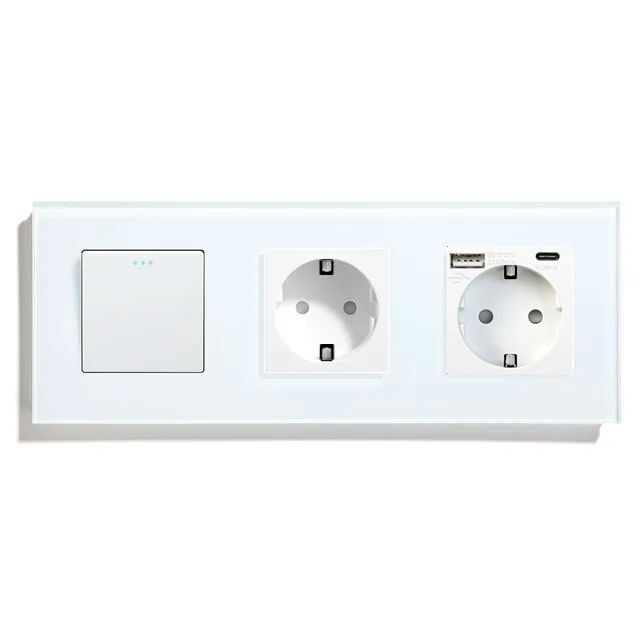 Купить Выключатель с розеткой, 1 клавиша 2 розетки c usb type-c, 3 поста (M1+2FAC) рамка стекло 228х86мм цв в интернет-магазине Mvava.ru
