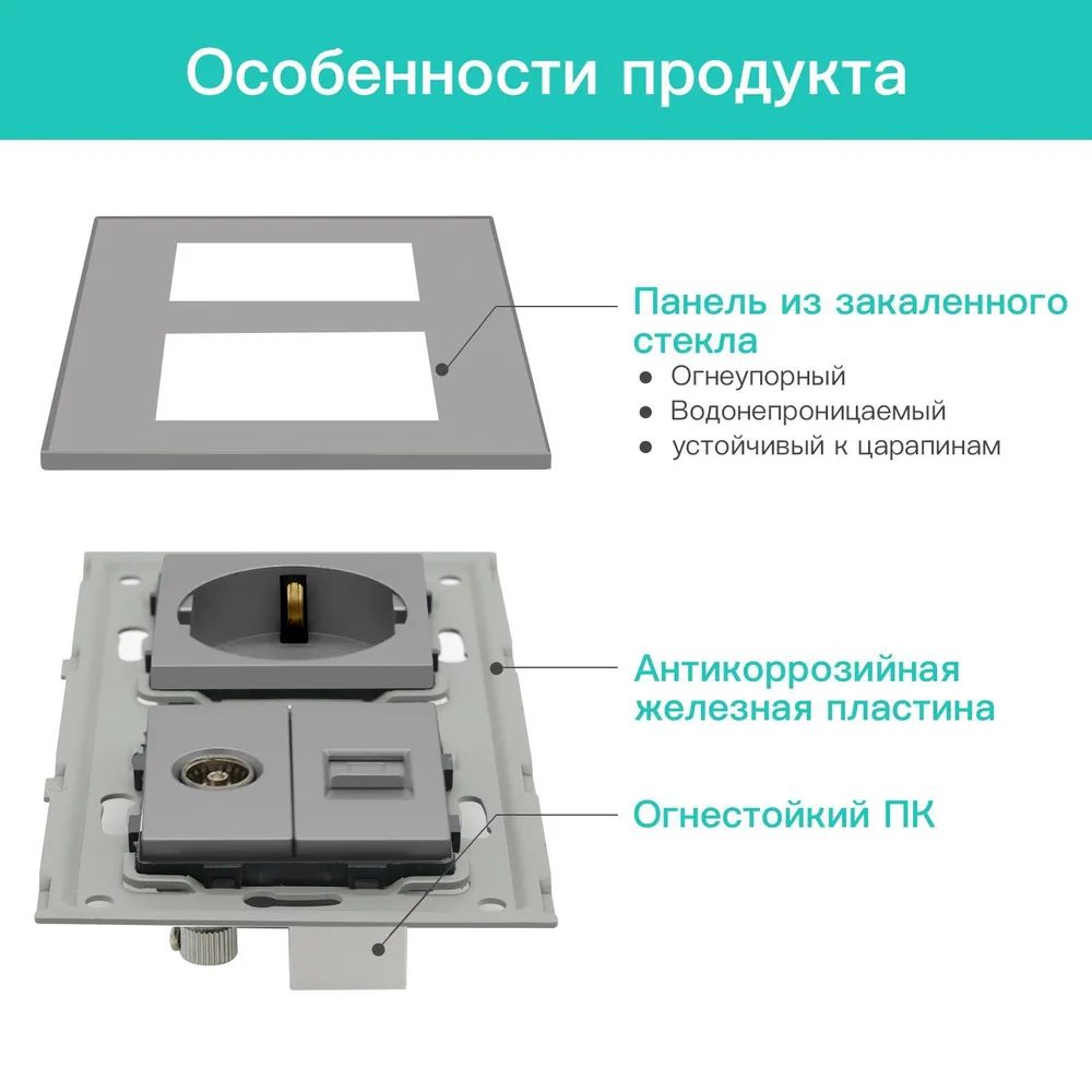 Купить Розетка 2 поста с интернет/тв, CAT5e/TV, рамка 157х86мм стекло, цвет серый в интернет-магазине Mvava.ru
