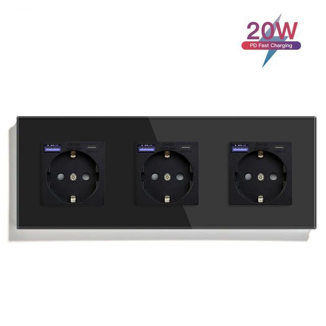 Купить Розетка электрическая 3 поста АC, быстрая зарядка 20W, стекло 228х86 мм, цвет черный в интернет-магазине Mvava.ru