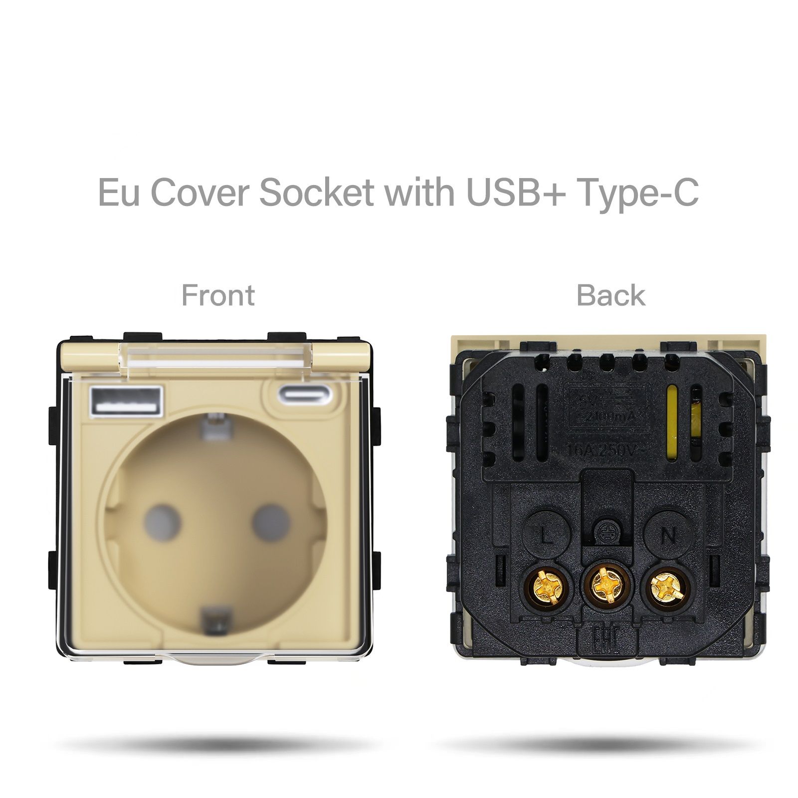 Купить Розетка c крышкой, Usb/Type-C 2 пост 16А рамка 157х86мм стекло, цвет золотой в интернет-магазине Mvava.ru