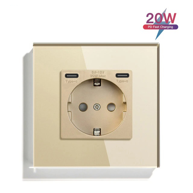 Купить Розетка электрическая 1 пост с Type-C,Type-C, быстрая зарядка 20W, цвет золото в интернет-магазине Mvava.ru