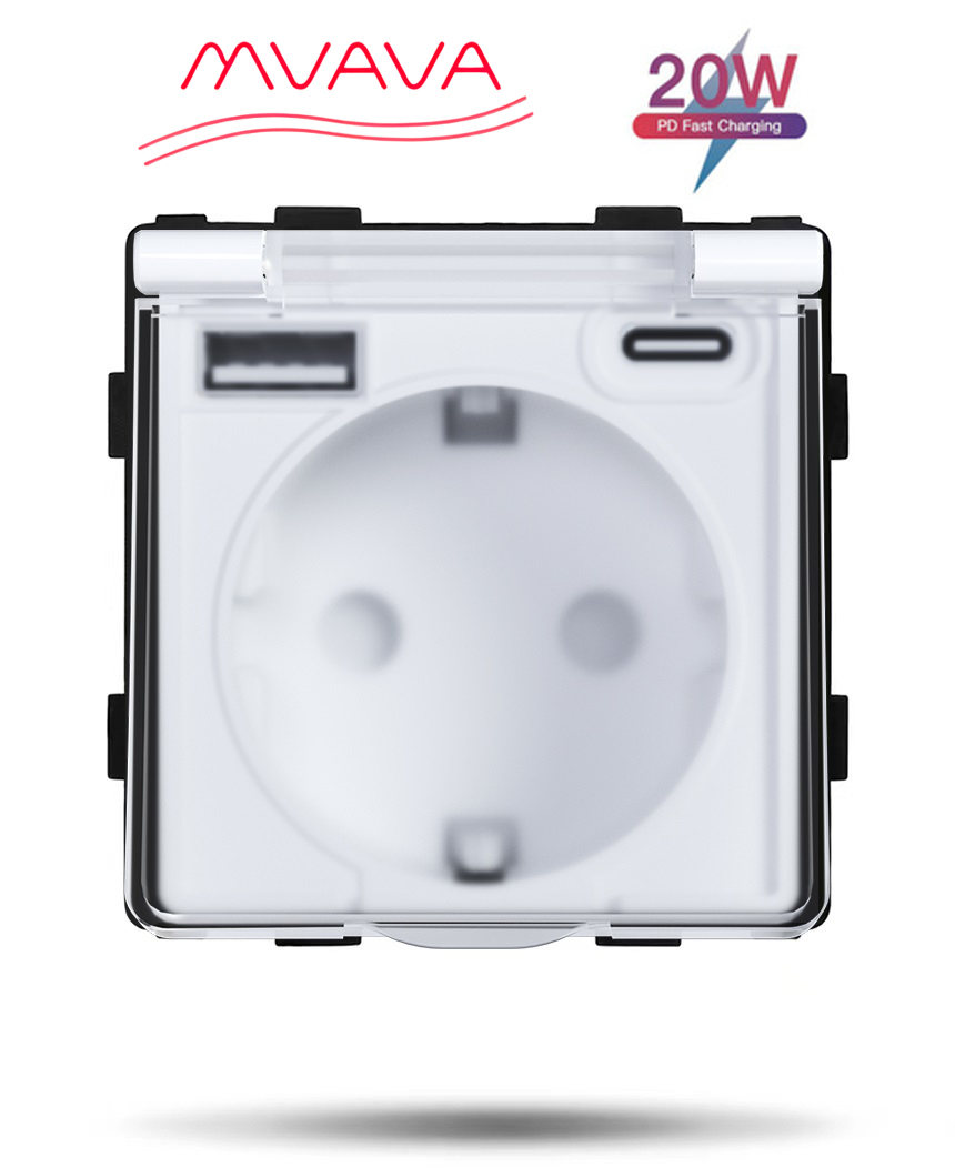 Купить Механизм розетки с крышкой (без рамки) с Usb/Type-C АC, быстрая зарядка 20Вт, цвет белый в интернет-магазине Mvava.ru