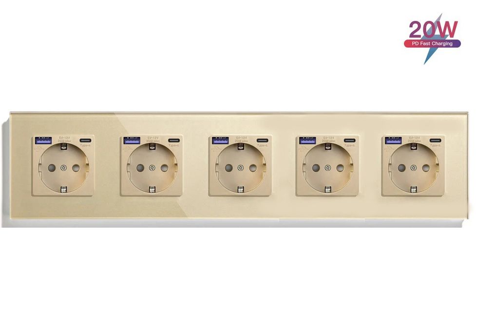 Купить Розетка электрическая 5 постов АC, быстрая зарядка 20W, стекло 370х86 мм, цвет золотой в интернет-магазине Mvava.ru