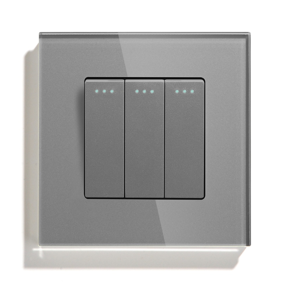Купить Выключатель проходной, 3 клавиши, рамка 86х86мм стекло, цвет серый в интернет-магазине Mvava.ru
