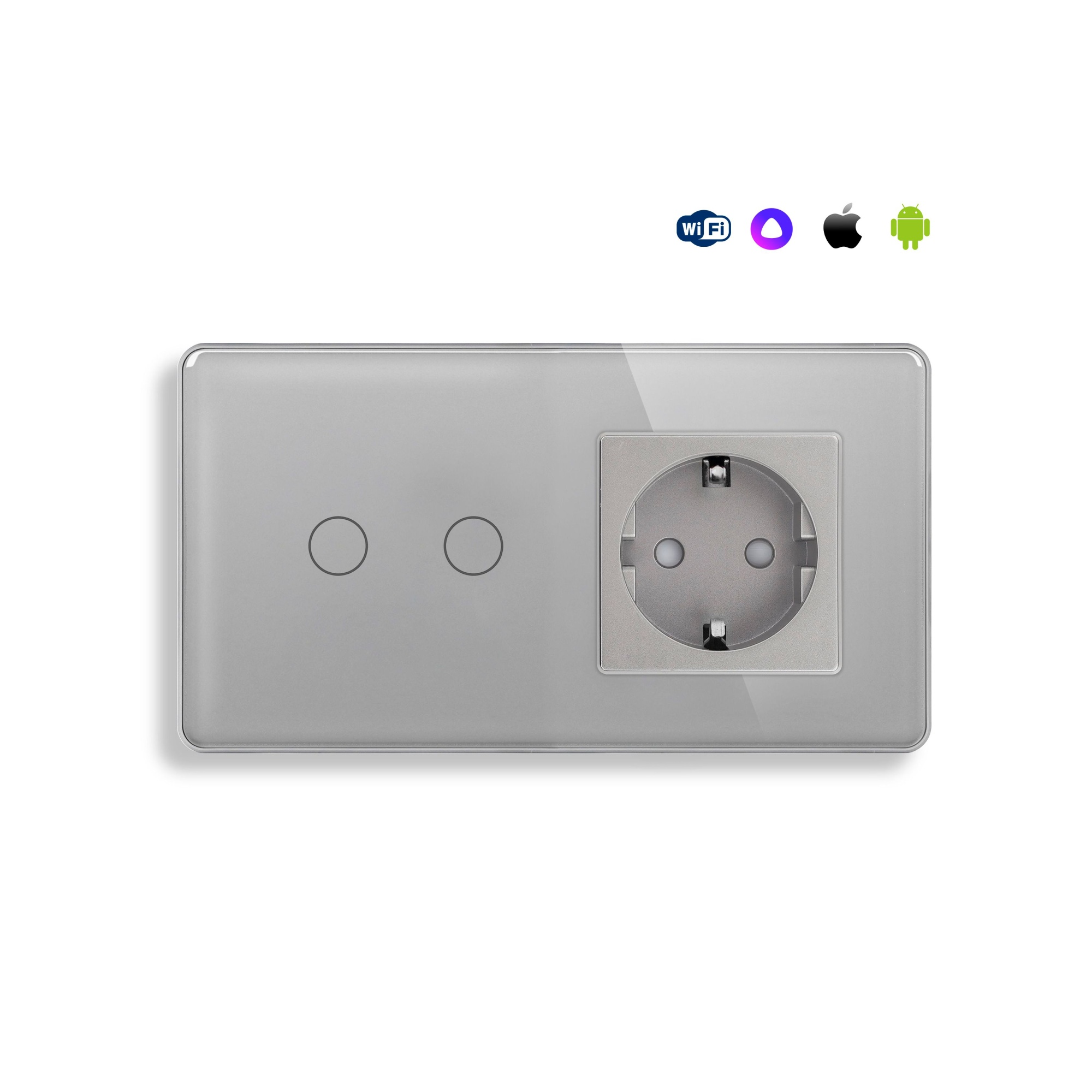 Купить Сенсорный выключатель WiFi 2 клавиши 1 розетка 2 поста (2G+1EU) стекло 2.5D 157х86мм цвет серый в интернет-магазине Mvava.ru