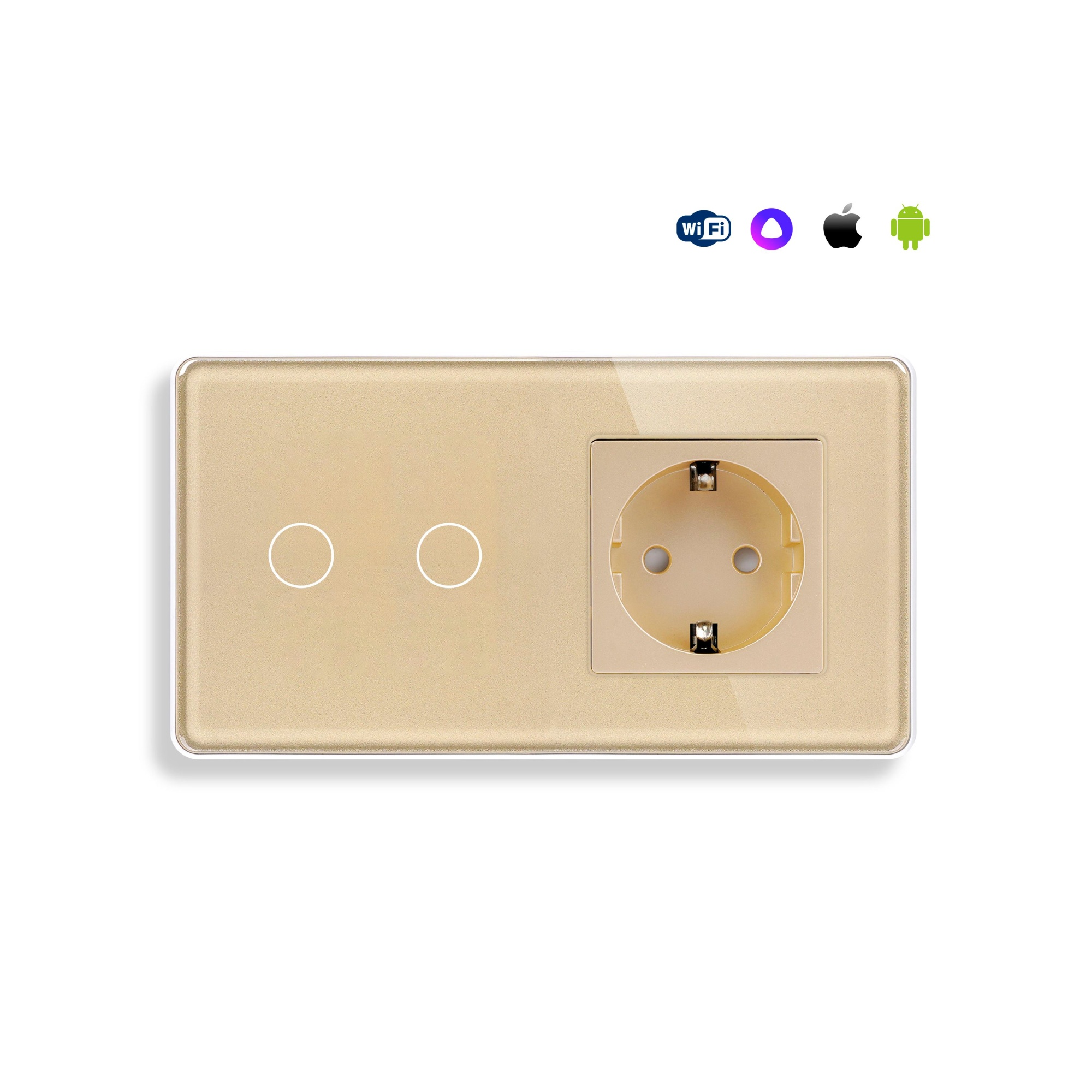 Купить Сенсорный выключатель WiFi с нулем 2кл. 1розетка 2поста (2G+1EU) стекло 2.5D 157х86мм цвет золотой в интернет-магазине Mvava.ru