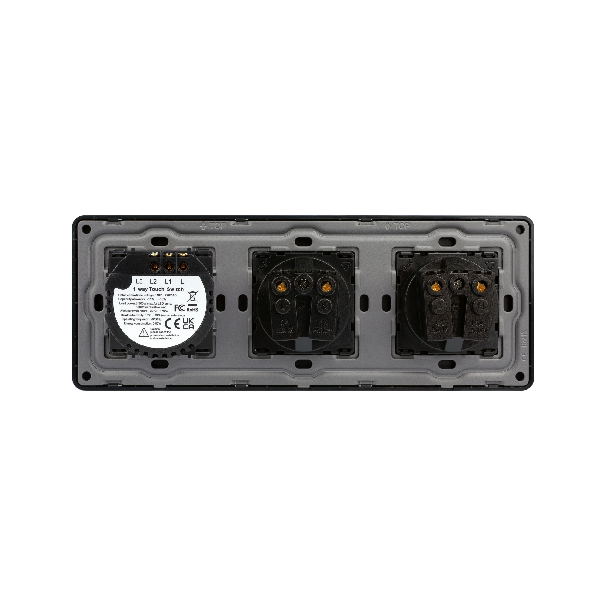Купить Сенсорный выключатель с розеткой 2кл. 2 розетки, 3 поста (2G+2EU) стекло 2.5D 228х86мм цвет золотой в интернет-магазине Mvava.ru