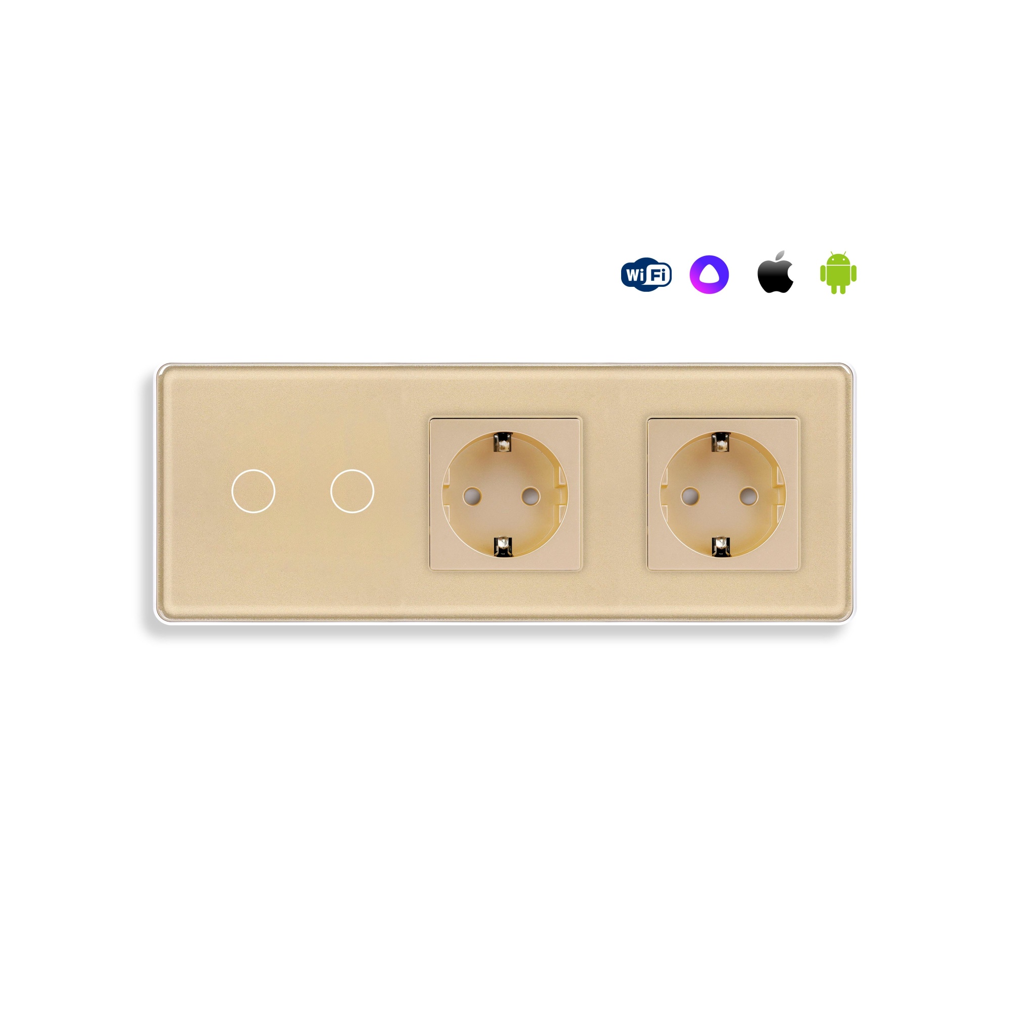 Купить Сенсорный выключатель WiFi 2 клавиши 2 розетки 3 поста (2G+2EU) стекло 2.5D 228х86мм цвет золотой в интернет-магазине Mvava.ru