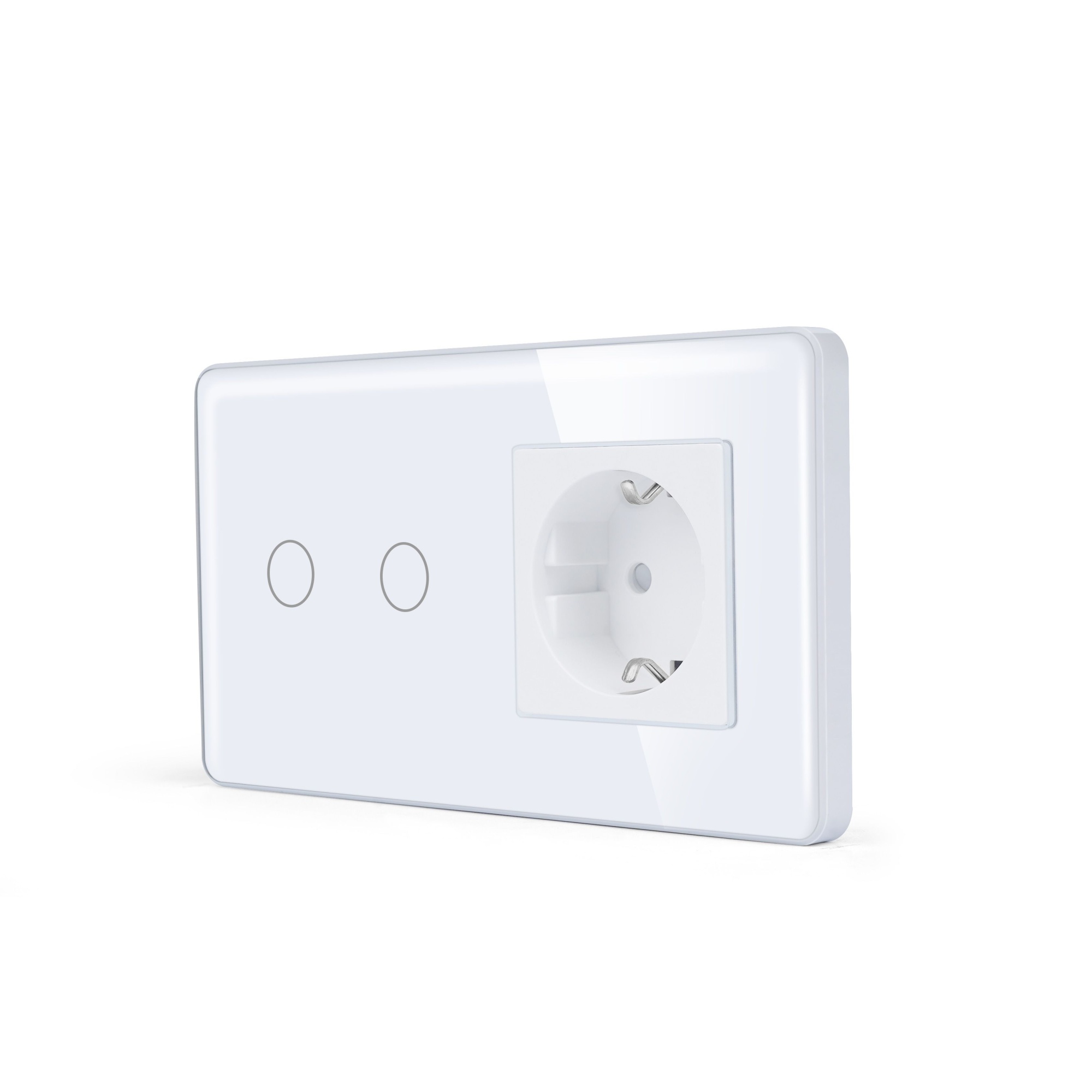 Купить Сенсорный выключатель с розеткой 2кл. 1 розетка, 2 поста (2G+1EU) стекло 2.5D 157х86мм цвет белый в интернет-магазине Mvava.ru