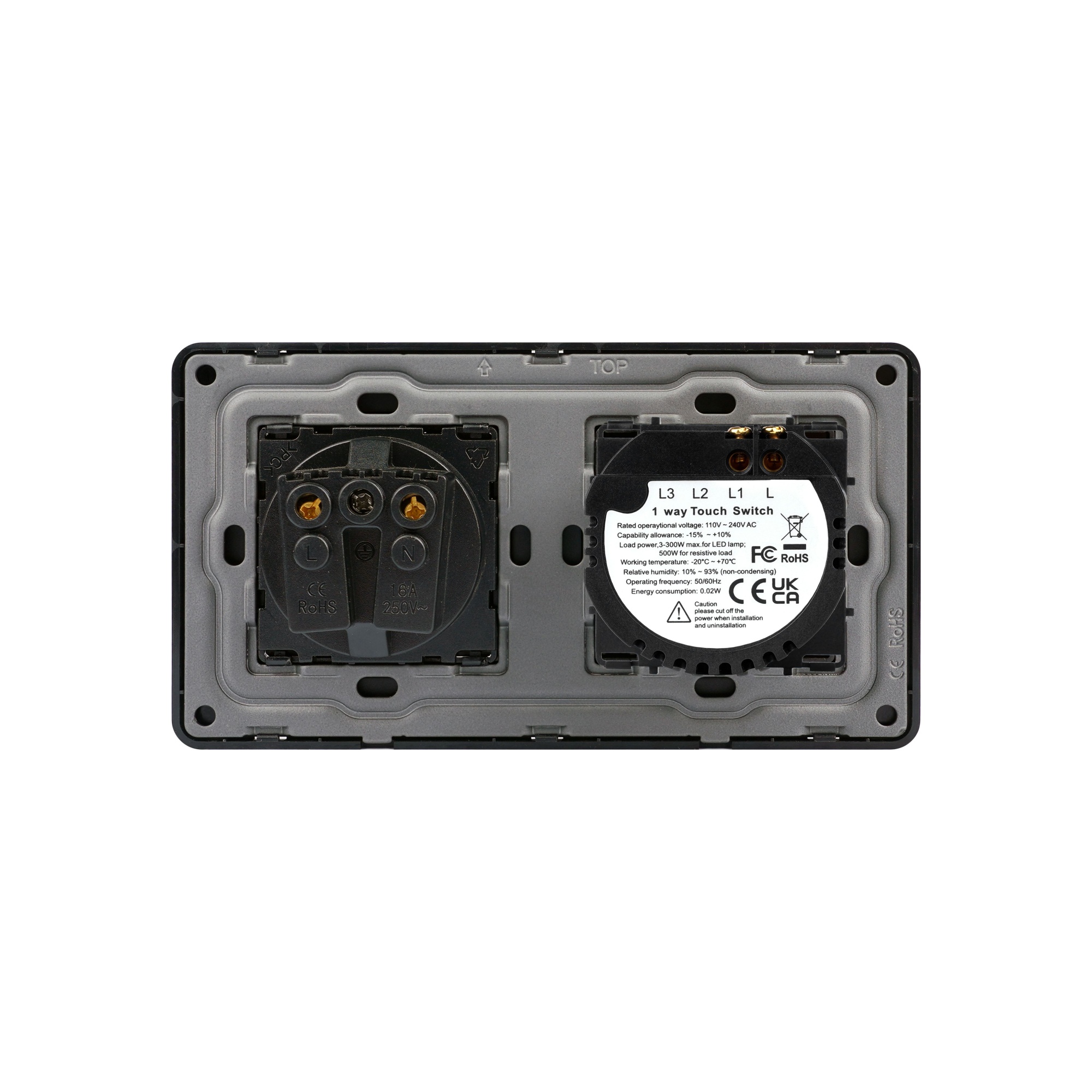 Купить Сенсорный выключатель с розеткой 1кл. 1 розетка, 2 поста (1G+1EU) стекло 2.5D 157х86мм цвет черный в интернет-магазине Mvava.ru