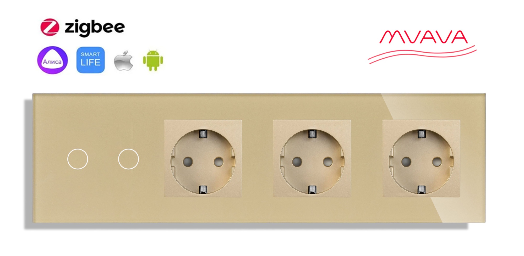 Купить Сенсорный выключатель ZigBee MVAVA 2 кл. 3 розетки 4 поста (2G+3EU) стекло 299х86мм цвет золотой в интернет-магазине Mvava.ru