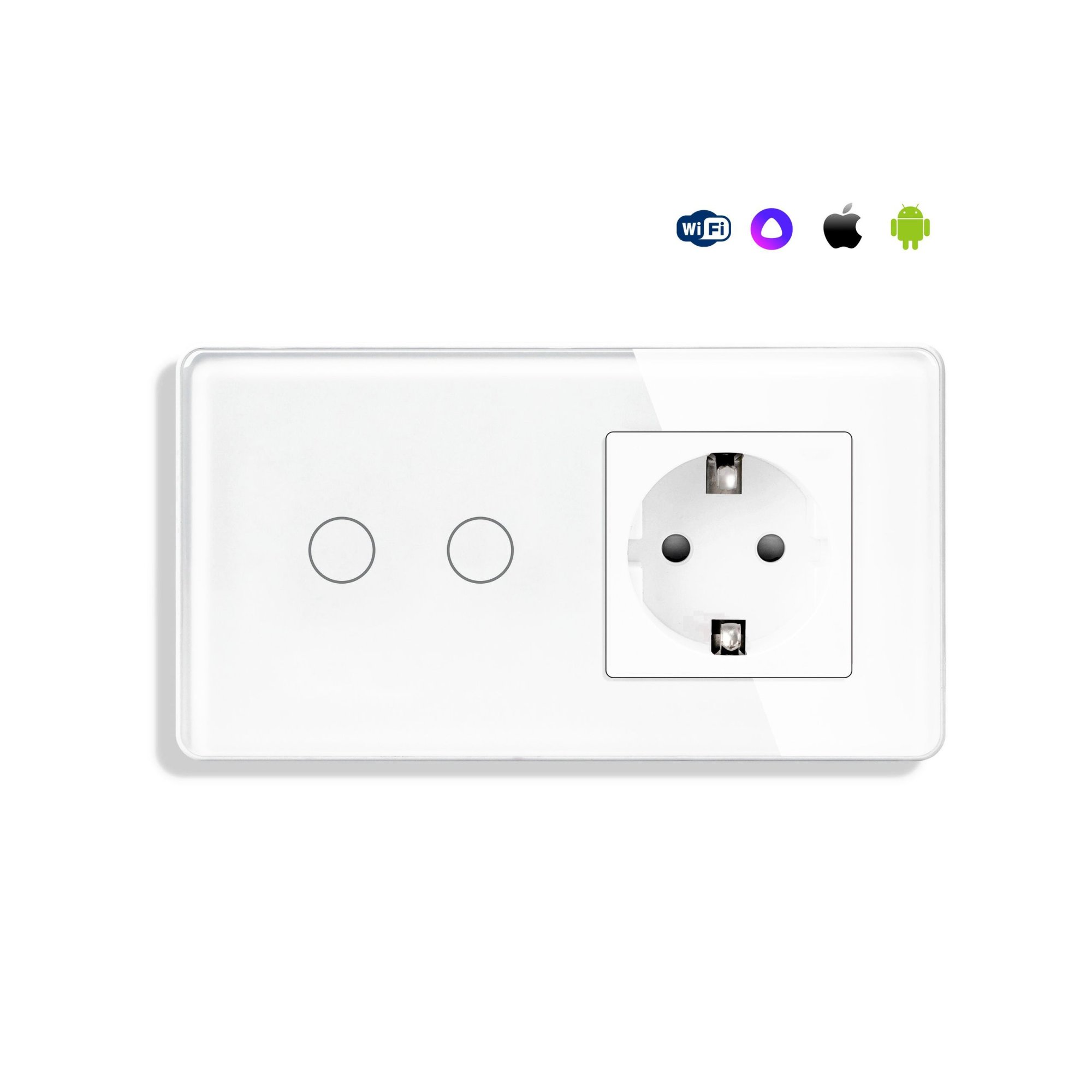 Купить Сенсорный выключатель WiFi 2 клавиши 1 розетка 2 поста (2G+1EU) стекло 2.5D 157х86мм цвет белый в интернет-магазине Mvava.ru