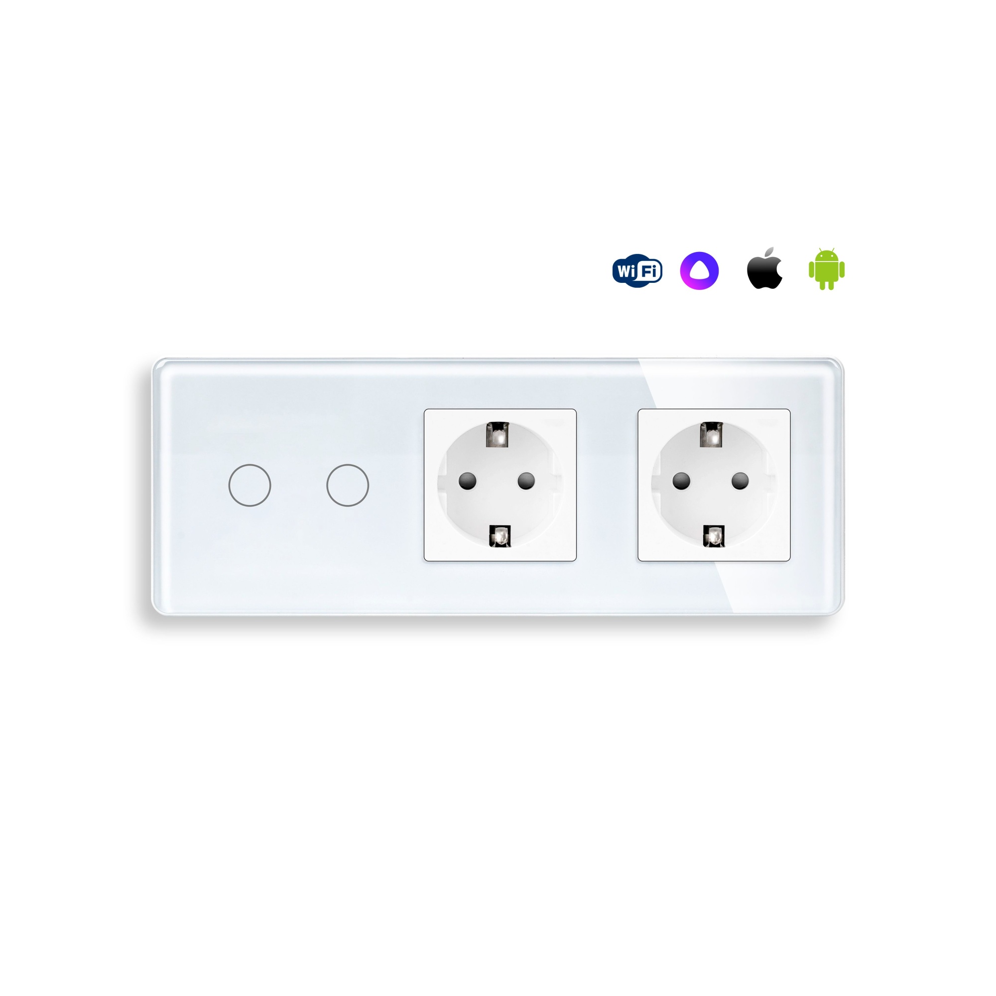 Купить Сенсорный выключатель WiFi 2 клавиши 2 розетки 3 поста (2G+2EU) стекло 2.5D 228х86мм цвет белый в интернет-магазине Mvava.ru