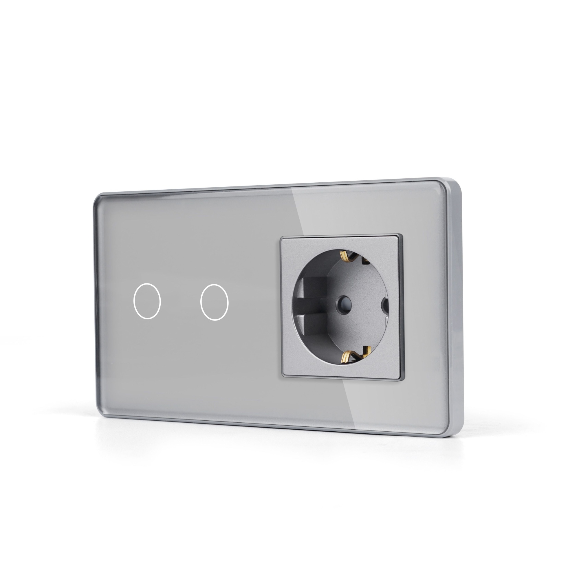 Купить Сенсорный выключатель с розеткой 2кл. 1 розетка, 2 поста (2G+1EU) стекло 2.5D 157х86мм цвет серый в интернет-магазине Mvava.ru