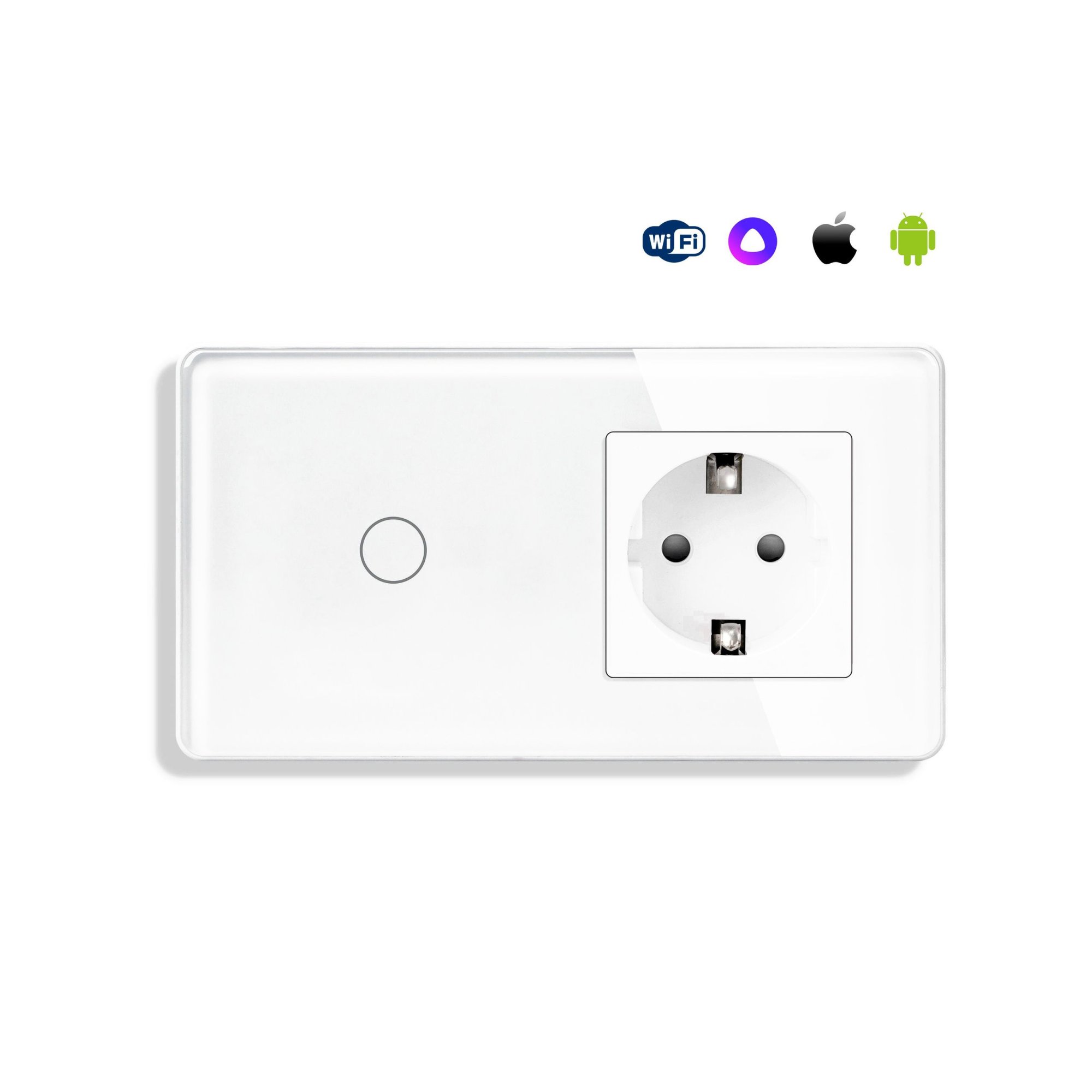 Купить Сенсорный выключатель WiFi с нулем 1кл. 1розетка 2поста (1G+1EU) стекло 2.5D 157х86мм цвет белый в интернет-магазине Mvava.ru