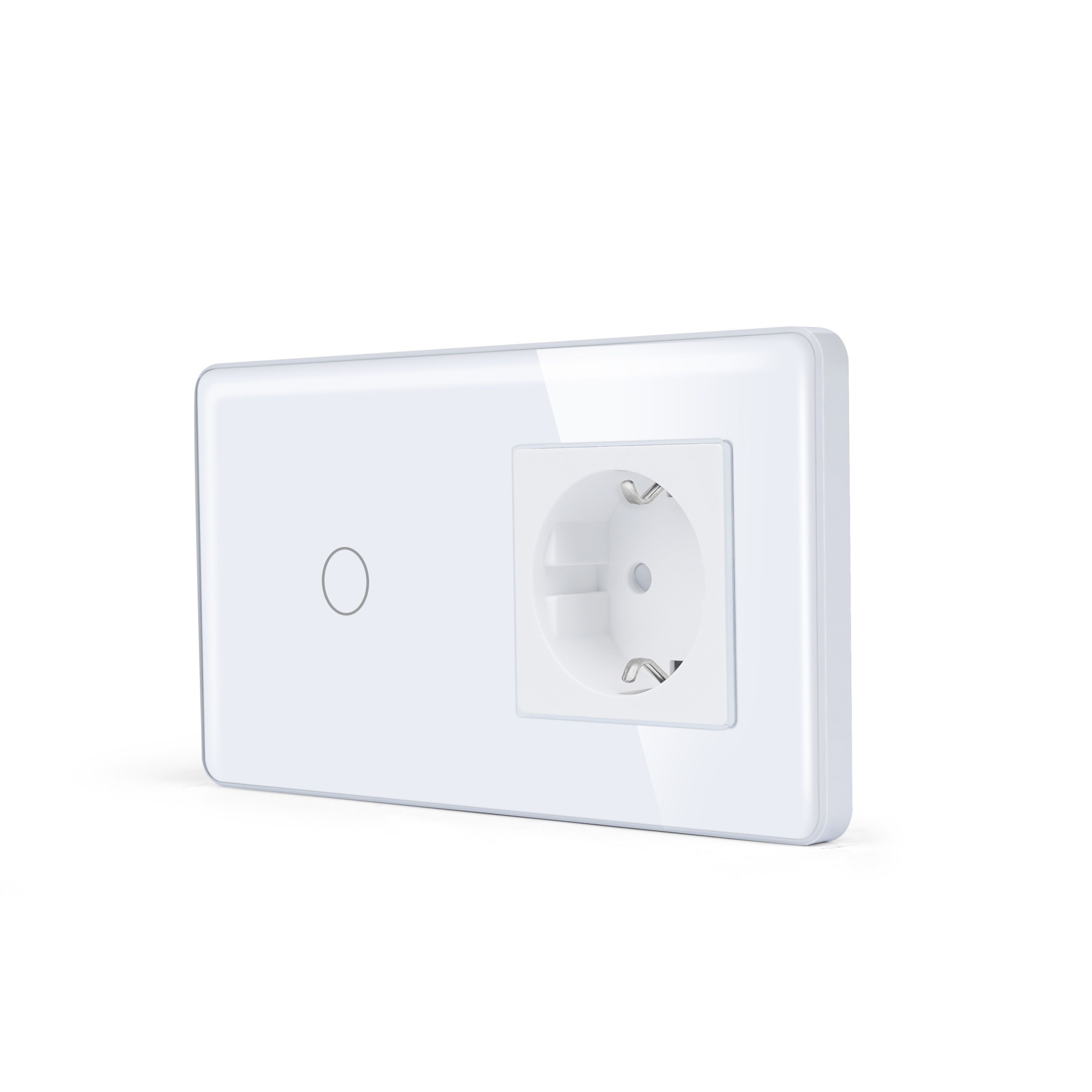 Купить Сенсорный выключатель с розеткой 1кл. 1 розетка, 2 поста (1G+1EU) стекло 2.5D 157х86мм цвет белый в интернет-магазине Mvava.ru